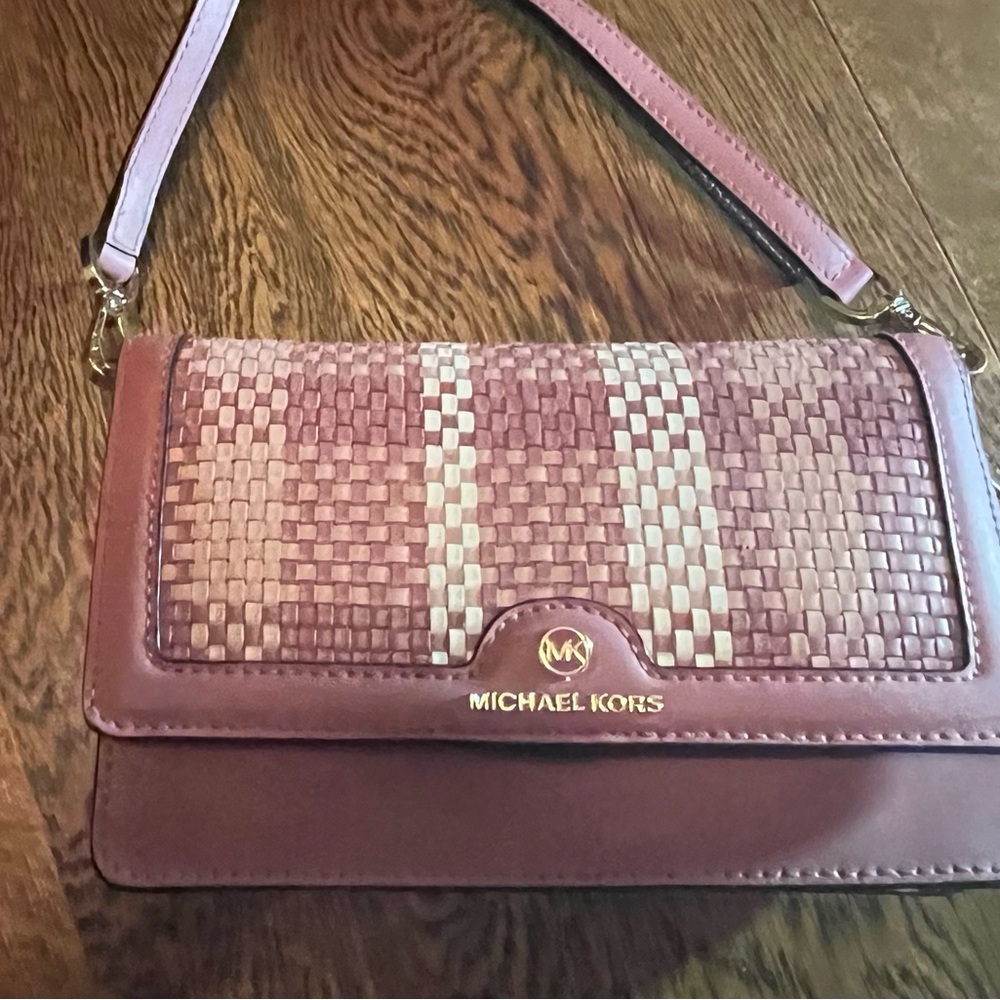 Michael Kors Pink/Peach color Leather Woven Mini Crossbody Handbag Purse
